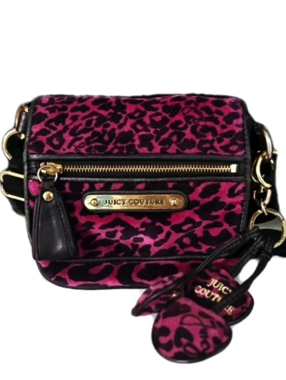 💗Rare Juicy Couture Y2k Small Fuschia Pink Black Velour Leopard Print Crossbody